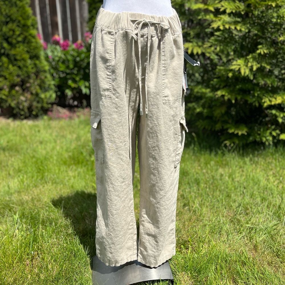 RACHEL ROY 100% Linen Cropped Pant Chambray Blue Breathable Casual Large Beige